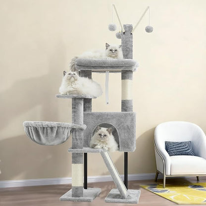 Gitelsnour Cat Tree for Indoor Cats, Cat Tower with Scratching Post for Small Cats and Kittens, Cat House with Removable Top Platform and Fluffy Balls, Hanging Cat Basket, Light Gray GCT006SW