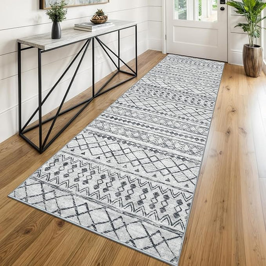 KUTA Moroccan Washable Runner Rug 2.6x8, Non-Slip Vintage Grey Boho Hallway Runners Kitchen Rugs Ultra Soft Print Distressed Geometric Floor Carpet for Bedroom Laundry Living Room