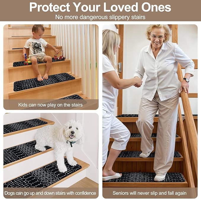 OJIA Stair Treads Non-Slip Stair Runners for Wooden Steps Indoor 15PCS 30"x8" Carpet Stair Treads Stair Mats Staircase Step Treads for Kids, Elders and Dogs, Stair Covers, Black