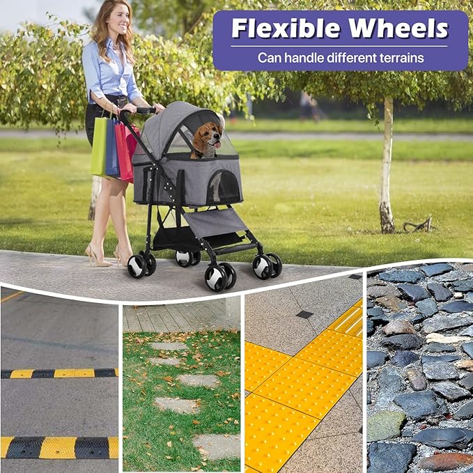 3-in-1 Folding Pet Stroller for Medium Small Dogs Cats - 4 Wheels Lightweight Travel With Detachable Carrier, Grey