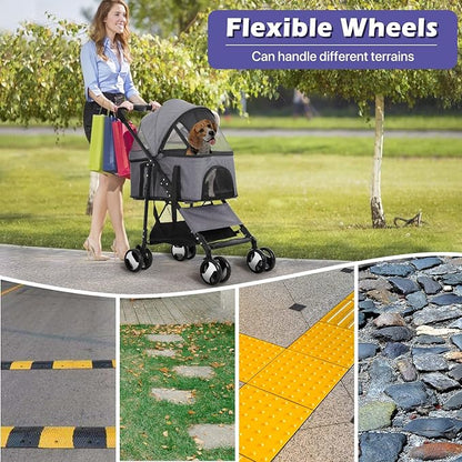3-in-1 Folding Pet Stroller for Medium Small Dogs Cats - 4 Wheels Lightweight Travel With Detachable Carrier, Grey