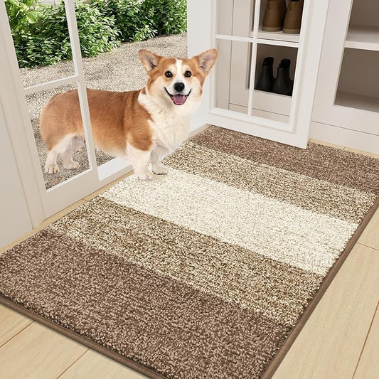 Smiry Dog Door Mat for Muddy Paws, Absorbs Moisture and Dirt, Low-Profile Entryway Mat with Non-Slip Backing, Entry Indoor Outdoor Doormat for Inside Floor (36x24 Inches, Khaki, Striped)