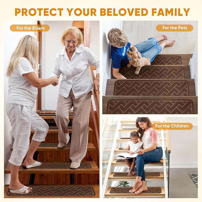 15 Pack 8 "X 30" Non Slip Stair Treads for Wooden Steps, Carpet Stair Treads Made of Polyester and Reusable Adhesive, Stair Runner Rugs for Kids, Elders and Pets (Brown)