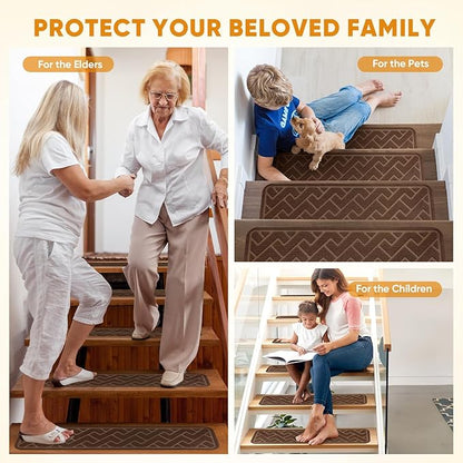 15 Pack 8 "X 30" Non Slip Stair Treads for Wooden Steps, Carpet Stair Treads Made of Polyester and Reusable Adhesive, Stair Runner Rugs for Kids, Elders and Pets (Brown)