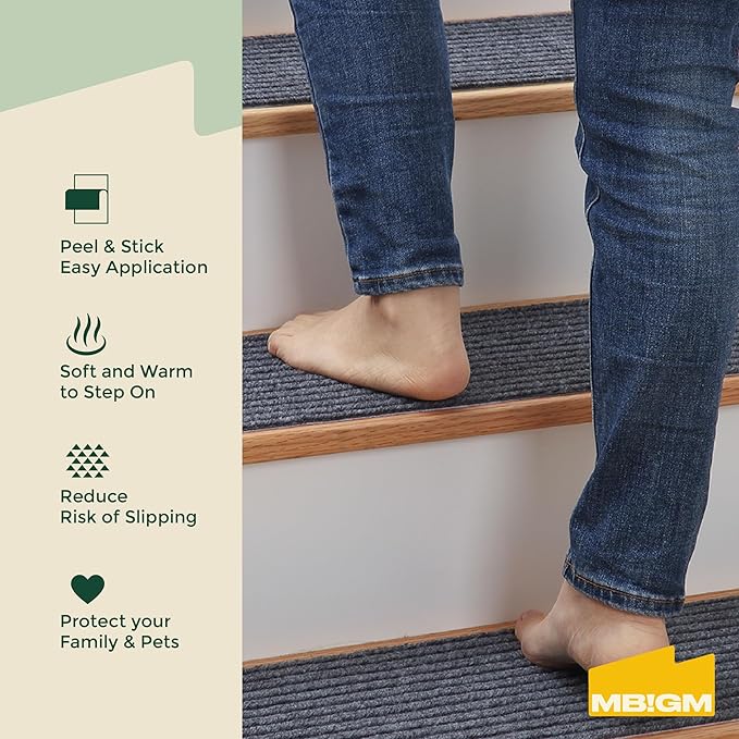 MBIGM 8" X 30" (28 in Pack) Non-Slip Carpet Stair Treads Non-Skid Safety Rug Slip Resistant Indoor Runner for Kids Elders and Pets with Reusable Adhesive - Gray