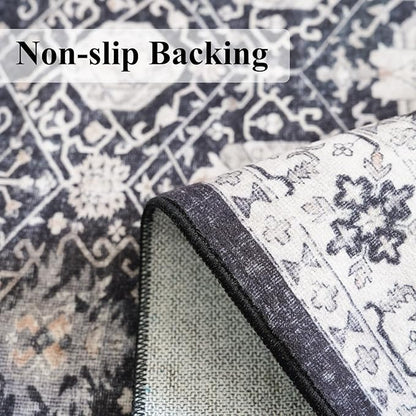 Washable 3x5 Entryway Area Rugs: Ultra Soft Low Pile Carpet for Kitchen Nursery Indoor Light-Weight Doormat Anti-Slip Cozy Rug for Living Room Bedroom Small Vintage Floor Mat Home Decor(3x5,Black)