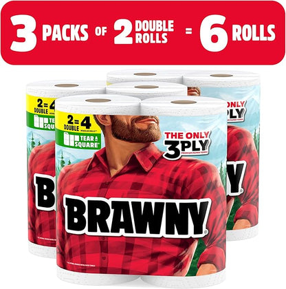 Brawny Tear-A-Square 3-Ply Paper Towels, 6 Double Rolls = 12 Regular Rolls (3 Packs of 2)