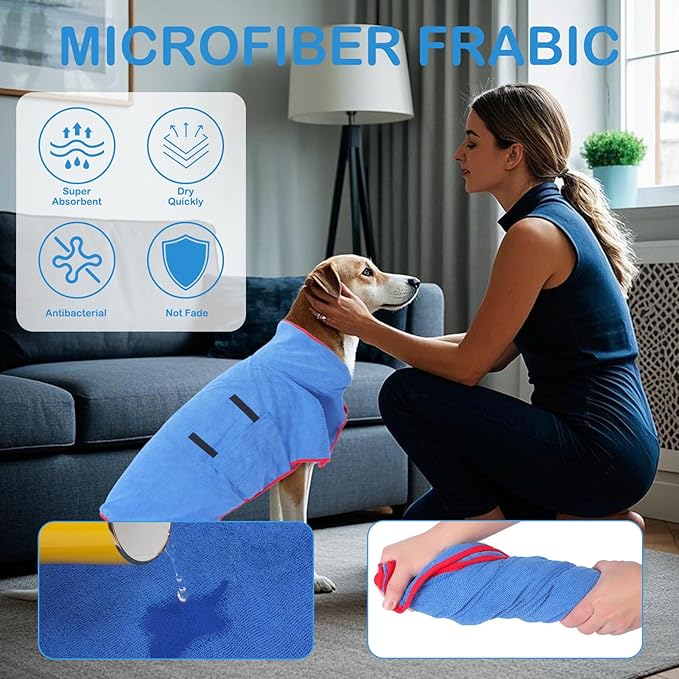 Dog Bathrobe Towel Drying Coat, Super Absorbent Microfiber Pet Quick Drying Bath Robes, Warm Soft Pet Coat for After Bath Shower Swim Wet Walk, Adjustable Cloth for Small Middle Large Dogs (Blue, L)