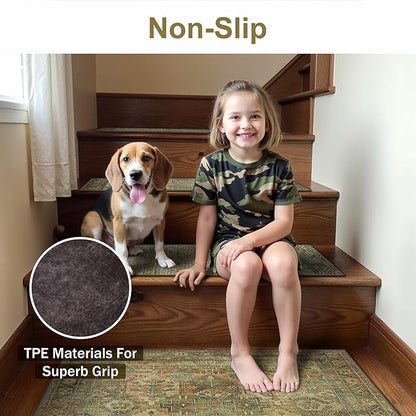 Carpet Stair Treads Non Slip 1PCS, 30" X 30"Edging Stair Runner for Wooden Steps Indoor, Resistant Stair Rugs with Reusable TPE Adhesive Backing, Residue Free Mat for Kids,Pets,Vintage Sage