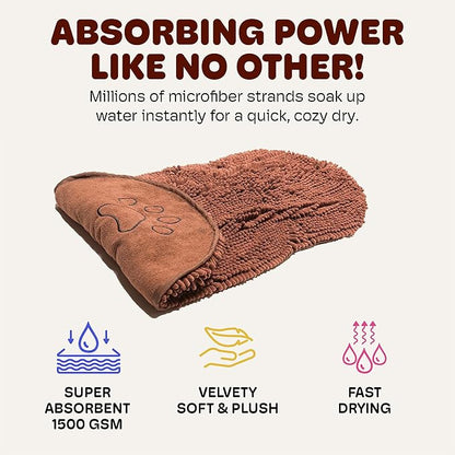 Dog Gone Smart The Dirty Dog Shammy - 2-Pack, Fast Drying Plush Shammy Towel with Dual Hand Pockets and Elastic - Super Absorbent Microfiber and Machine Washable - 31 × 13 in, Brown