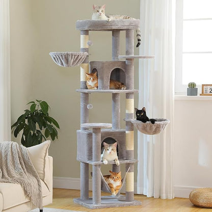 MUTTROS 71.2" Tall Cat Tree for Indoor Cats - 9-Level Multi-Cat Tower w/5 Sisal Scratching Posts, 2 Condos, 3 Hammocks, Perch & Pom Poms - Heavy-Duty for Adult Cats, Space-Saving Plush Gray