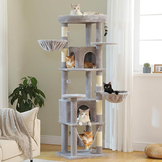 MUTTROS 71.2" Tall Cat Tree for Indoor Cats - 9-Level Multi-Cat Tower w/5 Sisal Scratching Posts, 2 Condos, 3 Hammocks, Perch & Pom Poms - Heavy-Duty for Adult Cats, Space-Saving Plush Gray