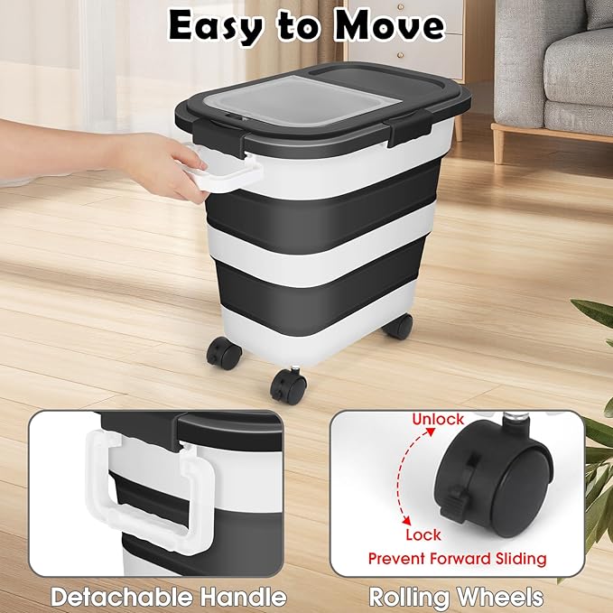 25Lbs Dog Food Storage Container, Large Collapsible Pet Cat Food Container with Airtight Lids Wheels Handle Scoop Measuring Cup Small Container, Rice Kitchen Dry Food Storage Dispenser Bin (Black)