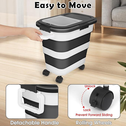 25Lbs Dog Food Storage Container, Large Collapsible Pet Cat Food Container with Airtight Lids Wheels Handle Scoop Measuring Cup Small Container, Rice Kitchen Dry Food Storage Dispenser Bin (Black)