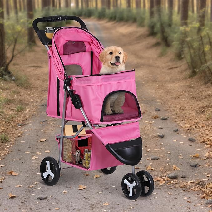 LEMY Foldable Pet Stroller,3 Wheels Cat/Dog Stroller with Weather Cover for Small/Medium Dogs and Cats,Pink Pet Strolling Cart with Storage Basket and Cup Holder