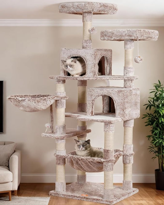 Heybly Cat Tree, 70 inches Tall Cat Tower Condo with Toy for Indoor Large Cats, Cat House Furniture with Padded Plush Perch, Cozy Hammock and Sisal Scratching Posts, Muchroom HCT032MU