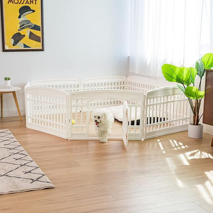 IRIS USA 24" Dog Playpen 8-Panel Pet Exercise Pen with Door Gate 83.5x83.5x24 Puppy Play Pen Indoor Outdoor Plastic Foldable Portable Pet Fence for Small Medium Dogs Puppies Multiple Pets White