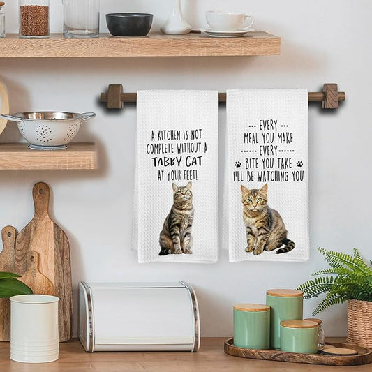 Funny Tabby Cat Kitchen Towels, Tabby Cat Mom Lady Lovers Gifts for Women Hand Towels, Pet Lover Gifts Dishcloths Dish Towel for Kitchen 16x24 Inches Set of 2