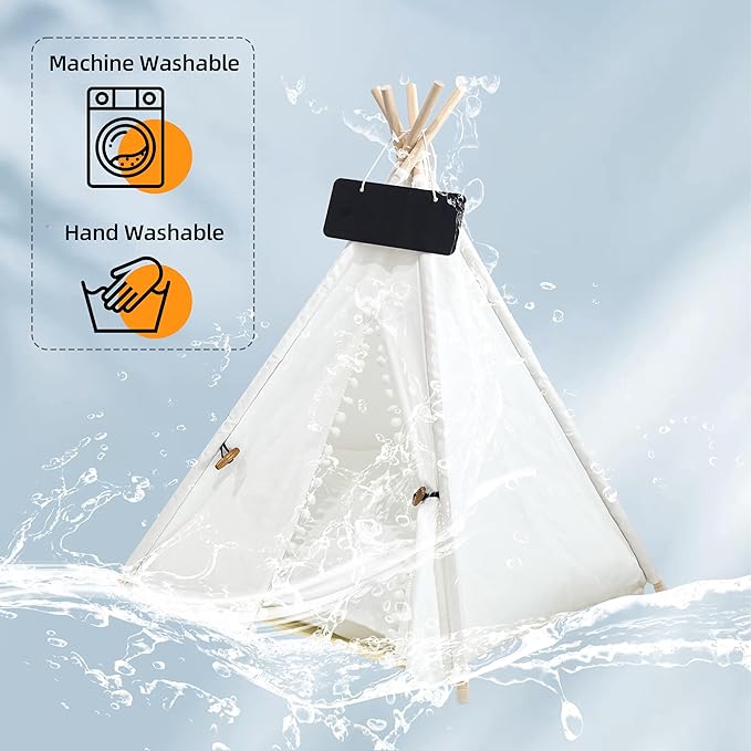 Pet Teepee, Portable Pet Tents for Small Dogs or Cats, Puppy Sweet Bed Washable Dog or Cat Houses with Cushion-White Flower Buds-M