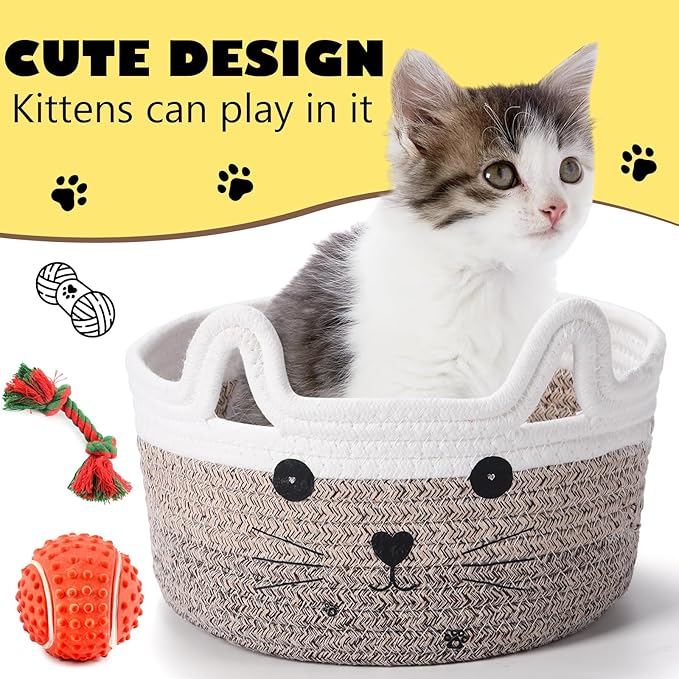 Zopeal Cat Basket Storage Woven Organizer with Ears Easter Decorative Pet Toy Cute Cotton Rope Basket for Gift Cat Dog Toy Bin Nursery Room(8.3 x 4.7 Inch,Gradient Khaki)