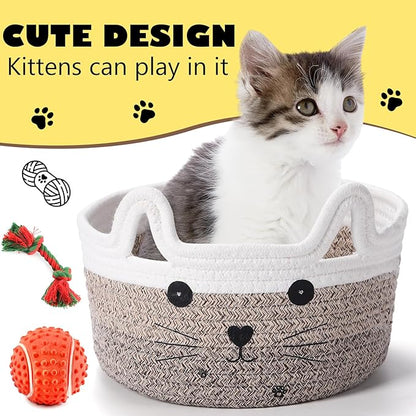 Zopeal Cat Basket Storage Woven Organizer with Ears Easter Decorative Pet Toy Cute Cotton Rope Basket for Gift Cat Dog Toy Bin Nursery Room(8.3 x 4.7 Inch,Gradient Khaki)