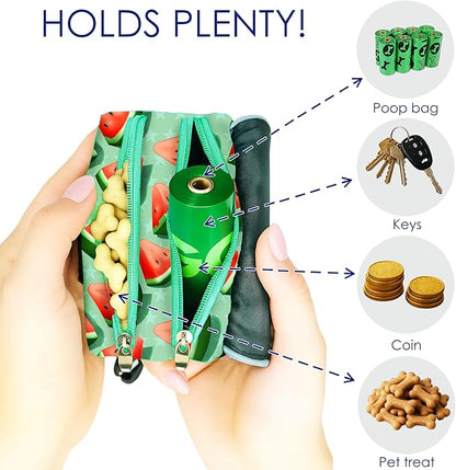 Dog Treat and Poop Bag Holder for Leash, 2 Waterproof Zipper Pouches for Pet Walking Accessories, with Dispenser, Training Clicker and 1 Free Roll (Watermelon)