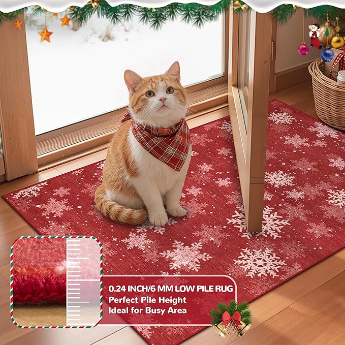 2x6 Runner Rug Non Slip for Entrance, Washable Christmas Kitchen Rugs, Ultra-Thin Snowflake Bathroom Rug Runner, Soft Red and White Christmas Decor Indoor(2'x6', Red/White)