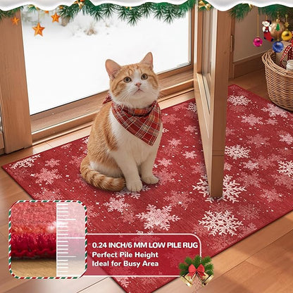 2x6 Runner Rug Non Slip for Entrance, Washable Christmas Kitchen Rugs, Ultra-Thin Snowflake Bathroom Rug Runner, Soft Red and White Christmas Decor Indoor(2'x6', Red/White)