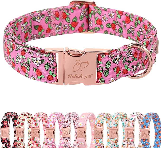 Sweet Strawberry Dog Collar, Cute Pink Summer Pet Collar with Metal Buckel, Durable Adjustable Designer Dog Collars for Small Medium Large Dogs S