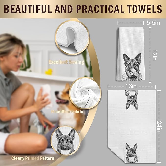 German Shepherd Gifts Kitchen Towels Set of 2，German Shepherd Gifts for Women Men Decor Accessories Hand Towels for Bathroom，Funny Dog Bathroom Hand Towels，16x24 Inch