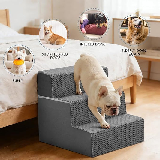 DUMOS Dog Stairs for Small and Medium Dogs, 3-Step Pet Steps with High-Density Foam, Indoor Non-Slip Pet Ramp for Puppy and Older Dogs Cats, Dog Bed Stairs for Couch and Sofa, Grey