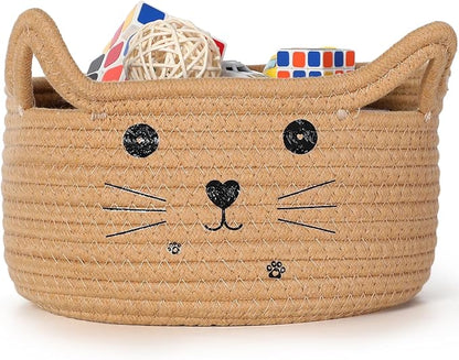 Zopeal Cat Basket Storage Woven Organizer with Ears Easter Decorative Pet Toy Cute Cotton Rope Basket for Gift Cat Dog Toy Bin Nursery Room(13.7 x 7.8 Inch,Khaki)