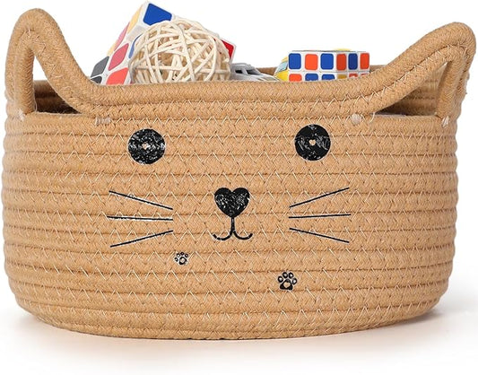 Zopeal Cat Basket Storage Woven Organizer with Ears Easter Decorative Pet Toy Cute Cotton Rope Basket for Gift Cat Dog Toy Bin Nursery Room(13.7 x 7.8 Inch,Khaki)
