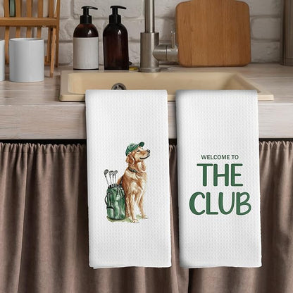 Golf Dog Kitchen Towels - Golden Retriever Dish Towels, Sports Gifts, Pet Golf Club Decorative Absorbent Dishcloths Hand Towels Set of 2 for Kitchen Gym Spa Decor 16x24 Inches