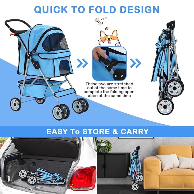 4 Wheels Pet Stroller Waterproof,Travel Stroller for Small Medium Dogs & Cats,Easy Fold with Removable Liner,Storage Basket,Blue