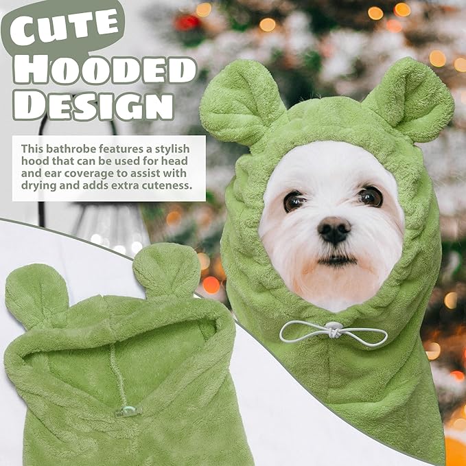 Dog Bathrobe Super Absorbent Towel Robe - Microfiber Bath Towels Fast Drying Coat for Dogs, Cute Dogs Clothes Adjustable Collar & Belly Strap Warm Keeping Hooded Dog Towel (Olive Green, Large)