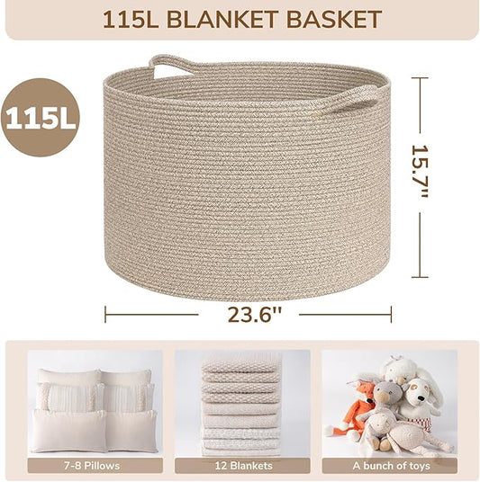INDRESSME 115L Extra Large Woven Blanket Baskets for Storage, Toy Organizers and Storage Rope Baskets for Boys Girls Kids，Burr Basket Storage Bins for Decor Laundry Shoe, Brown