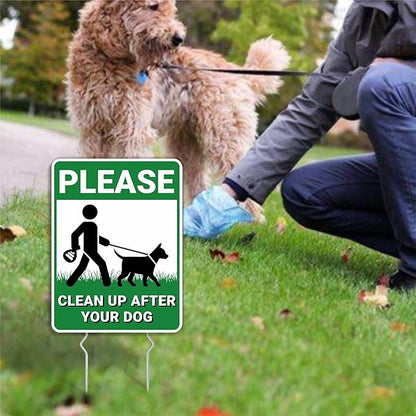 Clean Up After Your Dog Signs, 2 Pack Pick Up Dog Poop Yard Signs with Metal Stakes, Double Sided No Pooping Signs for Yard, UV Protected & Waterproof