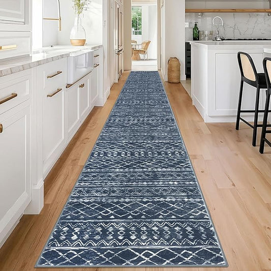 KUTA Moroccan Washable Runner Rug 2.6x18 Non-Slip Vintage Navy Blue Boho Hallway Kitchen Rugs Ultra Soft Geometric Floor Carpet Runners for Bedroom Stairway Living Room