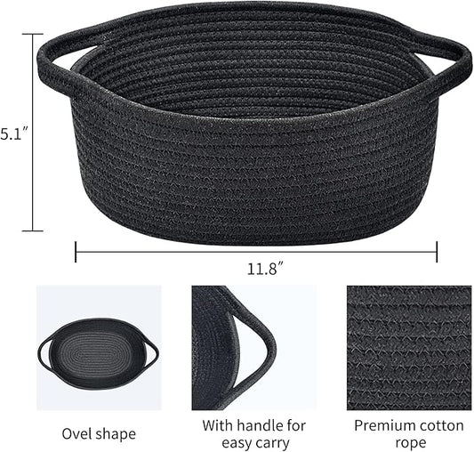 ABenkle Small Basket with Handles - Decorative Durable Rope Woven Storage Bin Shelf Storage Organizer Cube, Easter Baby Gift Basket, 12"x8"x5", Black