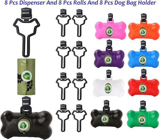 8 Pack Dog Poop Bag Dispenser Include 8 Rolls (120 Bags) Leak-Proof Doggie Pet Waste Bags & 8 Pack Poop Bag Holders(Random Color)