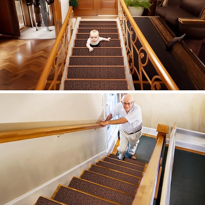 4Pcs Stair Treads for Wooden Steps Indoor with Self Adhesive, 8"x30" Non Slip Stair Runners-Peel & Stick Indoor Stair Carpet Runner, Resistant Indoor Runner for Kids、Elders and Pets,Dark Brown