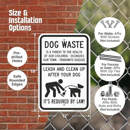 SmartSign Dog Waste Is A Threat Sign, Leash Clean Up After Your Dog Sign (2-Pack), 18 x 12 inch, 80 mil thick Aluminum Composite (ACM), Pre-Drilled Holes, White and Black, Made in USA