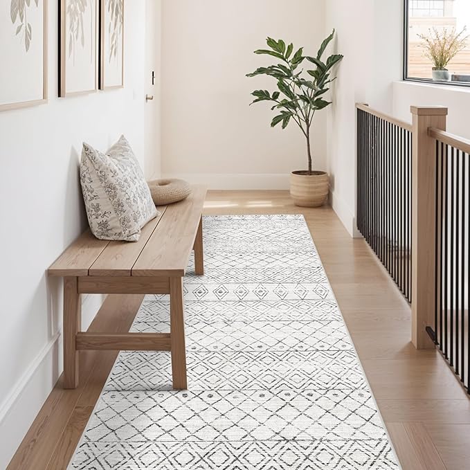 Hallway Runner Rug Washable 2'6"x8': Moroccan Non Slip Runner Rugs Soft Indoor Floor Carpet Low Pile Mat with Rubber Backing for Living Room Kitchen Bedroom 2'6"x8' Geo Grey