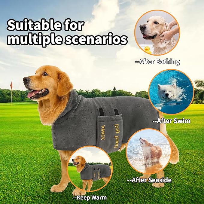 Dog Towel Dog Bathrobe, Microfiber Super Absorbent Pet, Quick Drying Robe for After Bath, Adjustable Collar & Belly Strap Pet Cat Bath Robe Towel Grey-2XL