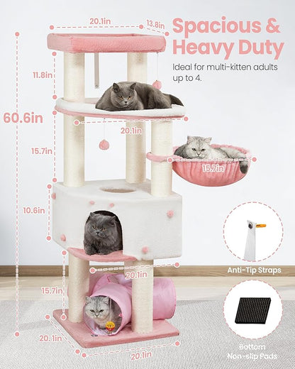 Cat Tree Tower for Large Cats Adult - 60 Inch XXL Sturdy Heavy Duty Extra Wide Scratching Posts (φ4.4in) Condo - Indoor Big Cat House Hammock Perch - XL Wood Multi Level Feline Pet Bed Trees Houses