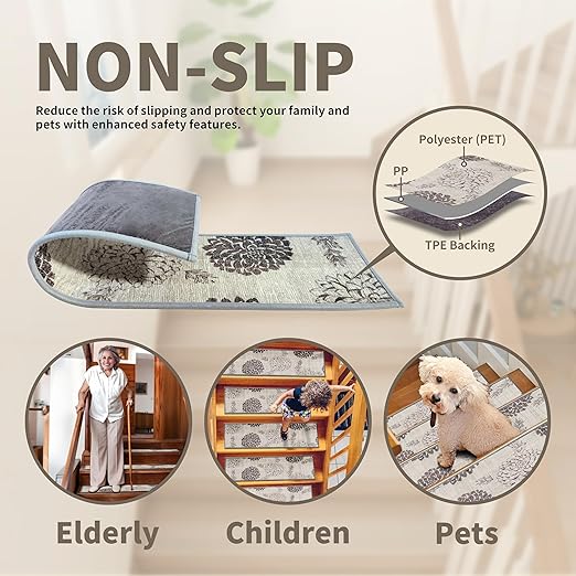 Non-Slip Carpet Stair Treads 15PCS, 8"x30" Peel and Stick Stair Runner for Wooden Steps Indoor, Washable Reusable Adhesive Backing, Pet-Friendly Safety Mats for Kids, Elders, Dogs