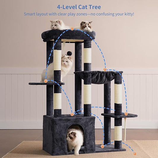 Heybly Heavy Duty Cat Tree, Tower for Indoor Cats large adult, Tall Cat Condo House with Extra-Large Baseboard, Multi-Level Plush Furniture with Scratching Posts, Hammock,Toy Balls, Smoky Gray HCT026G