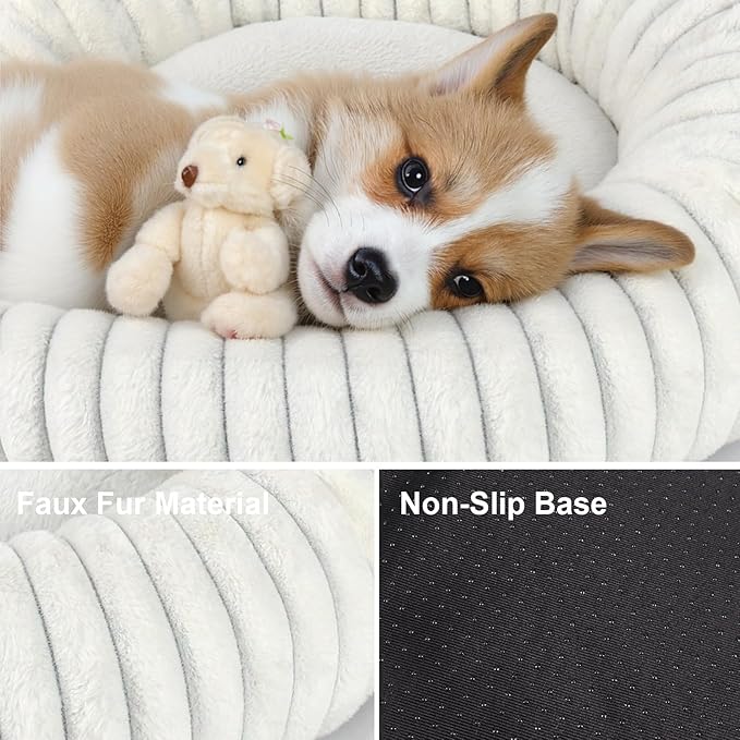 Calming Dog Bed Anti-Anxiety Donut Dog Beds for Small Medium Large Dogs,Washable Plush Fluffy Indoor Cat Kitten Round Cuddler Cushion (Cream, Medium)