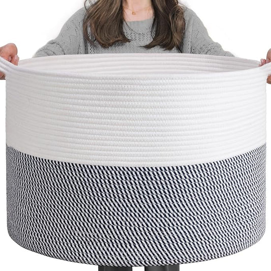 INDRESSME XXXLarge Cotton Rope Basket 21.7" x 21.7" x 13.8" Woven Baby Laundry Baskets Blanket Basket Toy Baskets with Handle Storage Comforter Cushions Navy Laundry Hamper